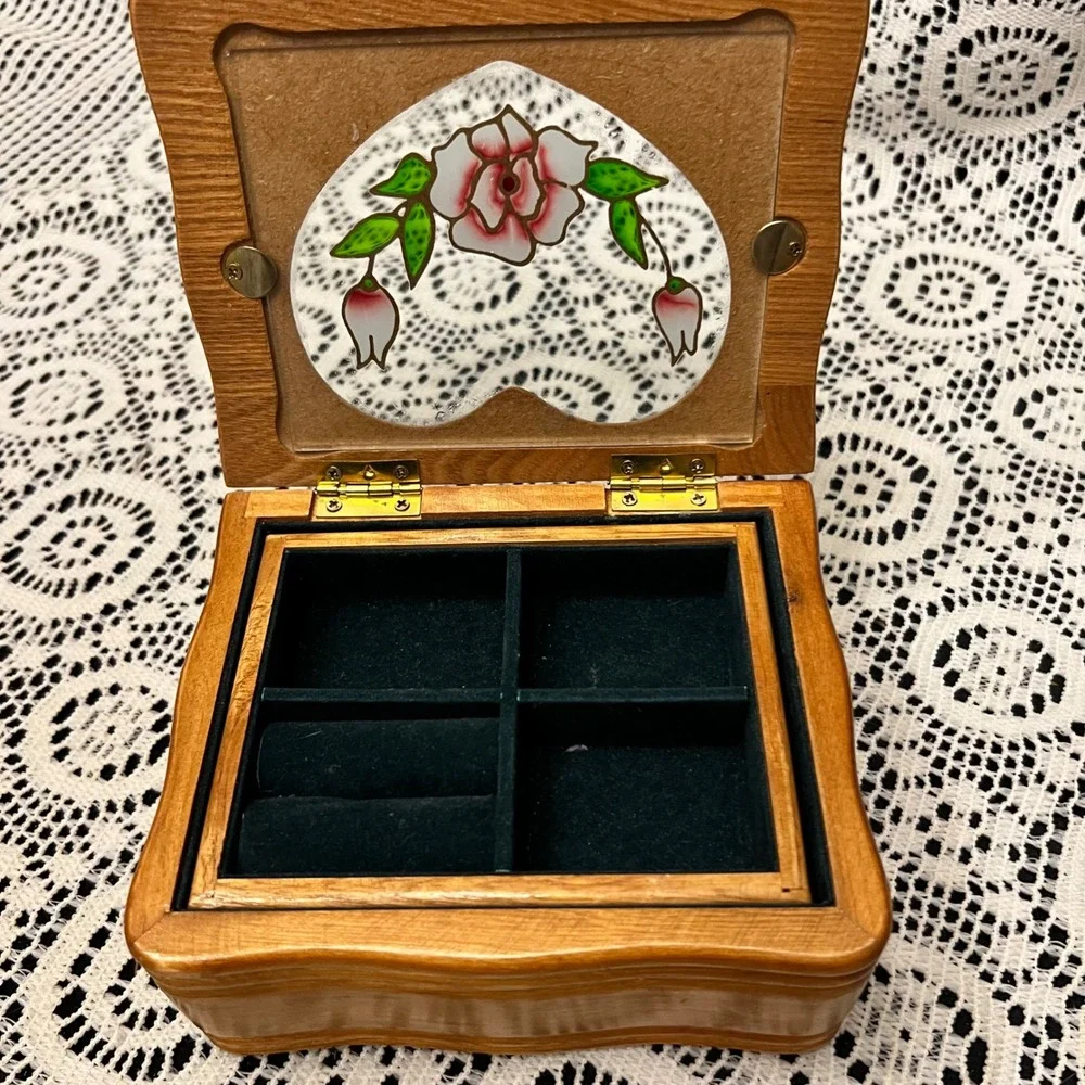 Vintage Wooden Jewelry Box Heart Shaped Floral Glass Inlay
